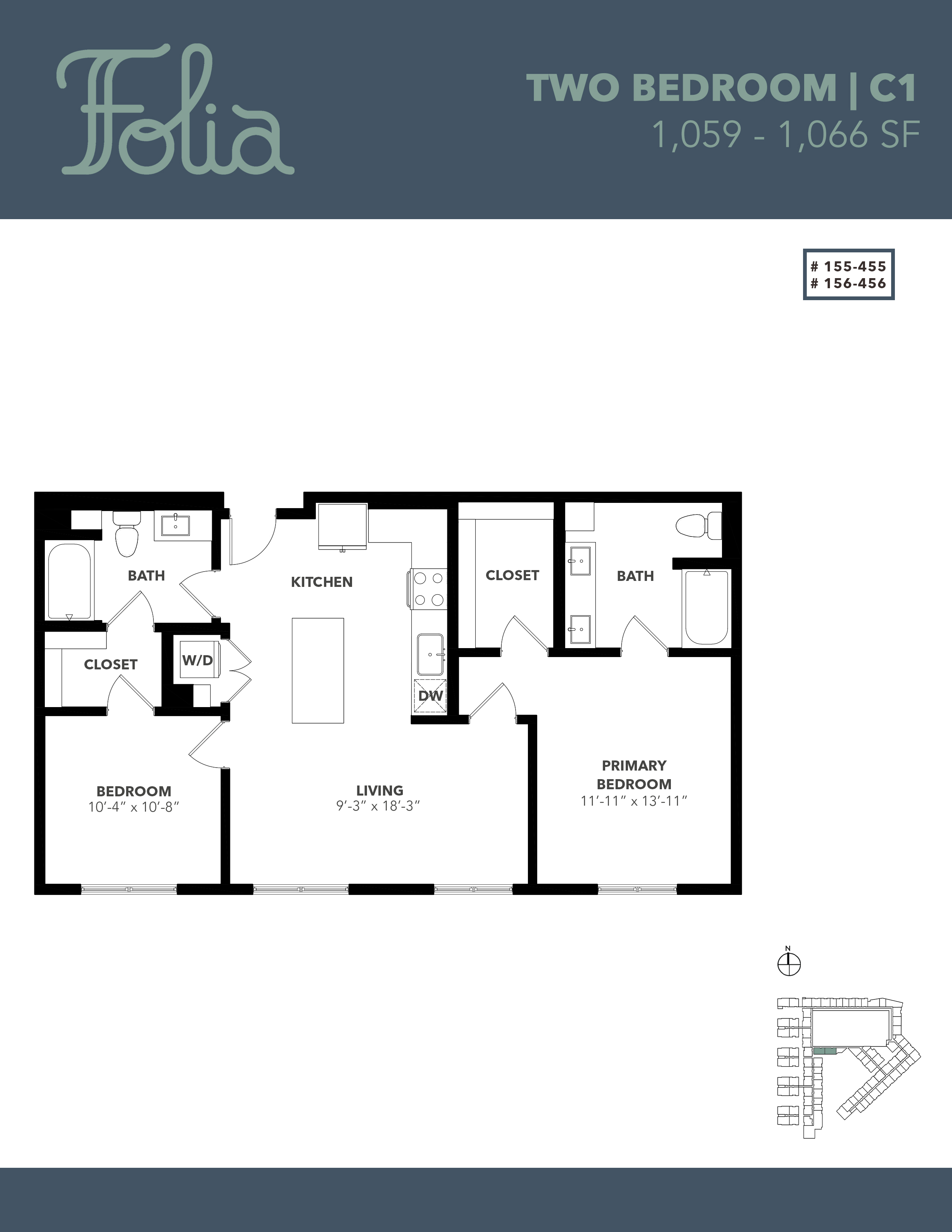 Floor plan for 2 beds, 2 baths, 1066 sqft